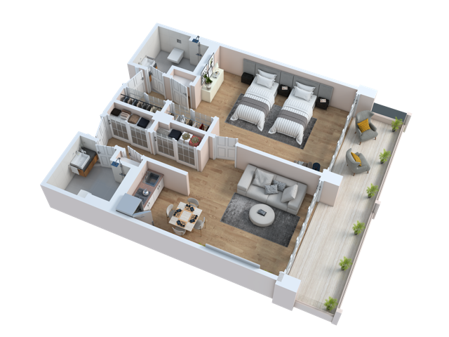 3D floor plan of Park Lane senior living apartment Pebble